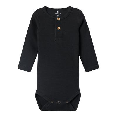 Langarmbody NAME IT "NBMKAB LS BODY NOOS", Baby, Gr. 62, N-Gr, schwarz, Jersey, Rippware, Obermaterial: 57% Baumwolle, 38% Modal, 5% Elasthan, unifarben, casual, regular fit, Rundhals, Langarm, Bodies Image