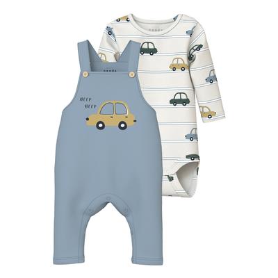 Overall NAME IT "NBMVONNE SWEAT OVERALL BOX BRU SET", Baby, Gr. 86, N-Gr, blau (dusty blau), Sweatware, Obermaterial: 95% Baumwolle, 5% Elasthan, bedruckt, casual, regular fit normal, Rundhals, Langarm, Overalls Image