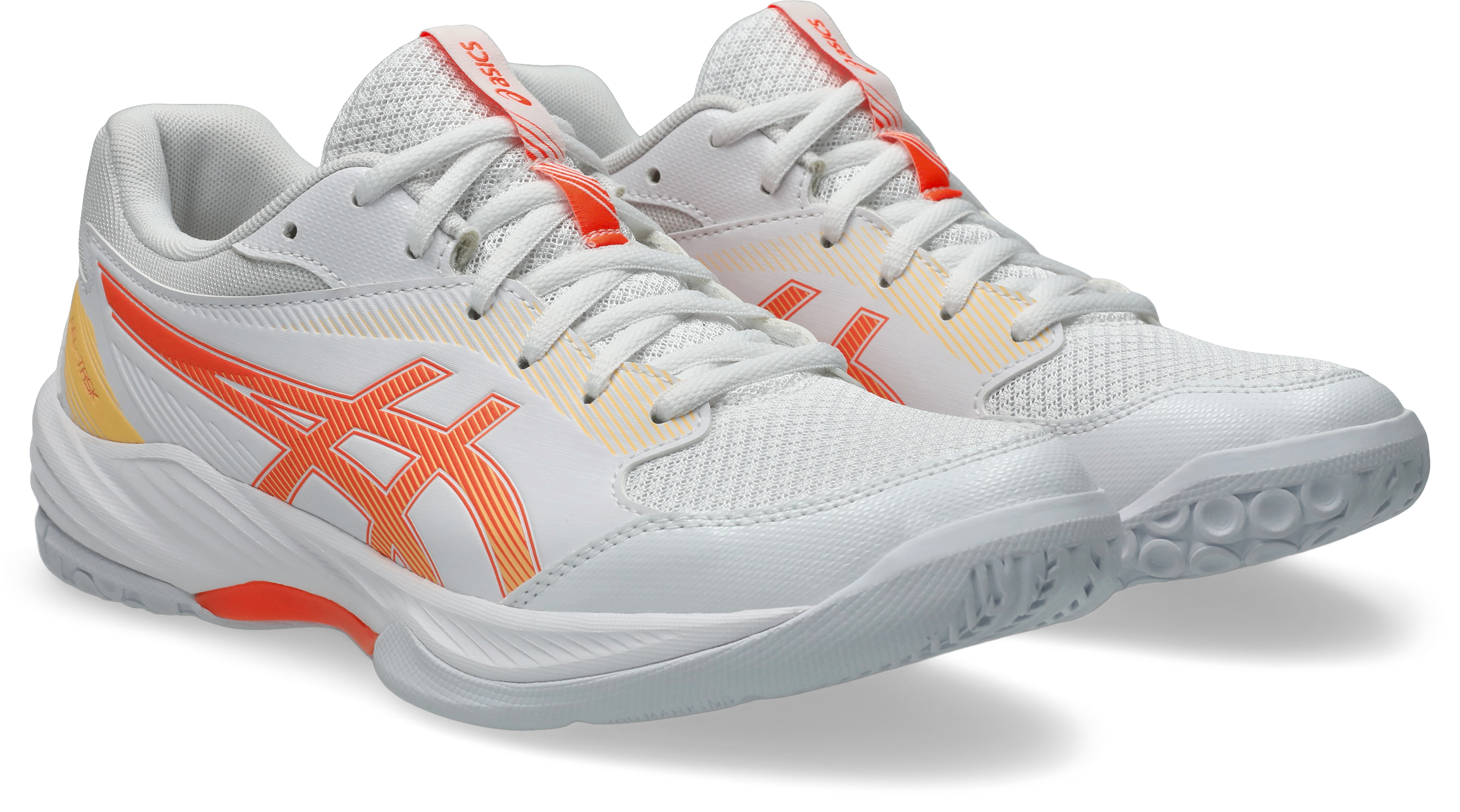 Hallenschuh ASICS "GEL-TASK 4", Damen, Gr. 43,5, weiß (weiß, vivid coral), Synthetik, Schuhe Hallenschuh