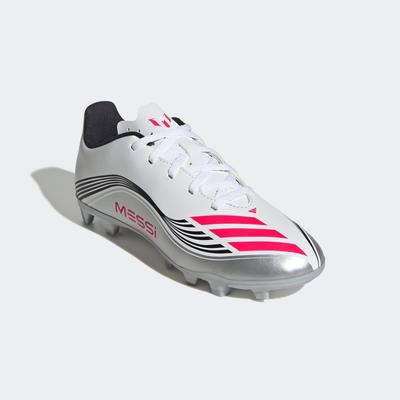 Fußballschuh ADIDAS PERFORMANCE "F50 MESSI CLUB KUNSTRASEN NEUERER GENERATION, HART- UND ASCHENPLÄTZE", Gr. 31, cloud weiß, lucid rot, silber metallic, Synthetik, sportlich, Schuhe, geeignet für Rasen- und Kunstrasenplätze Image