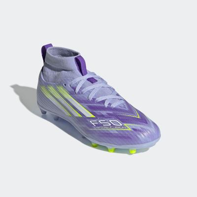 Fußballschuh ADIDAS PERFORMANCE "F50 SPARKFUSION LEAGUE FESTE BÖDEN/KUNSTRASEN E KINDER", Gr. 37, violet tone, lucid lemon, lila rush, Synthetik, Textil, sportlich, Schuhe, geeignet für Rasen- und Kunstrasenplätze Image