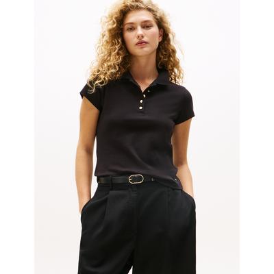 Poloshirt TOMMY HILFIGER "GOLD BUTTON SLIM SS POLO", Damen, Gr. XL (42), schwarz, Single Jersey, Obermaterial: 96% Baumwolle, 4% Elasthan, unifarben, casual, slim fit, Kurzarm, Shirts, mit goldfarbenen Knopf Image