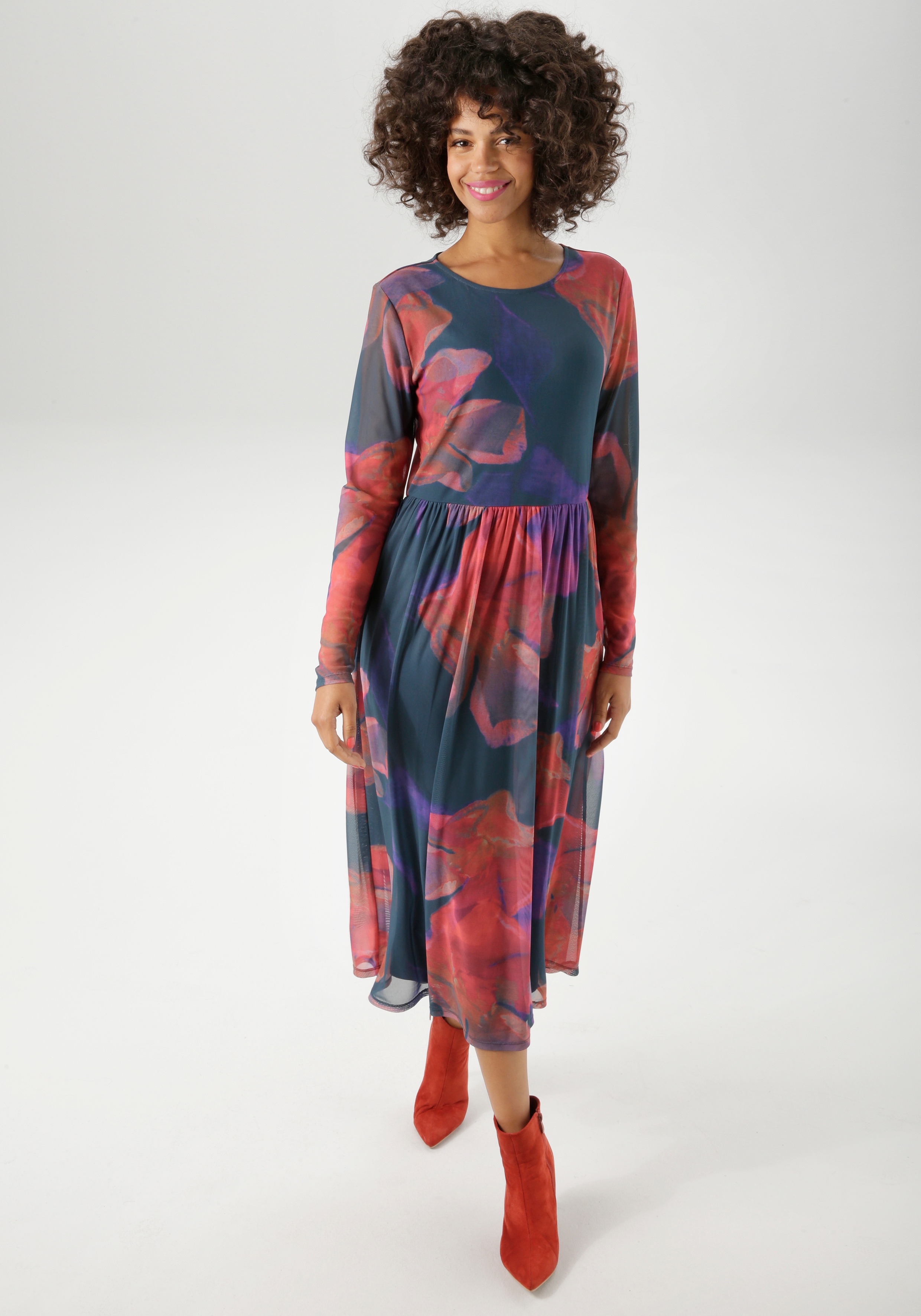 Midikleid ANISTON CASUAL, Damen, Gr. 40, N-Gr, petrol, rot, orange, lila, rosa, flieder, zimt, gelb, braun, Mesh, Obermaterial: 95% Polyester, 5% Elasthan. Futter: 100% Polyester, geblümt, figurumspielend wadenlang, Rundhals, Kleider Midikleid, mit...