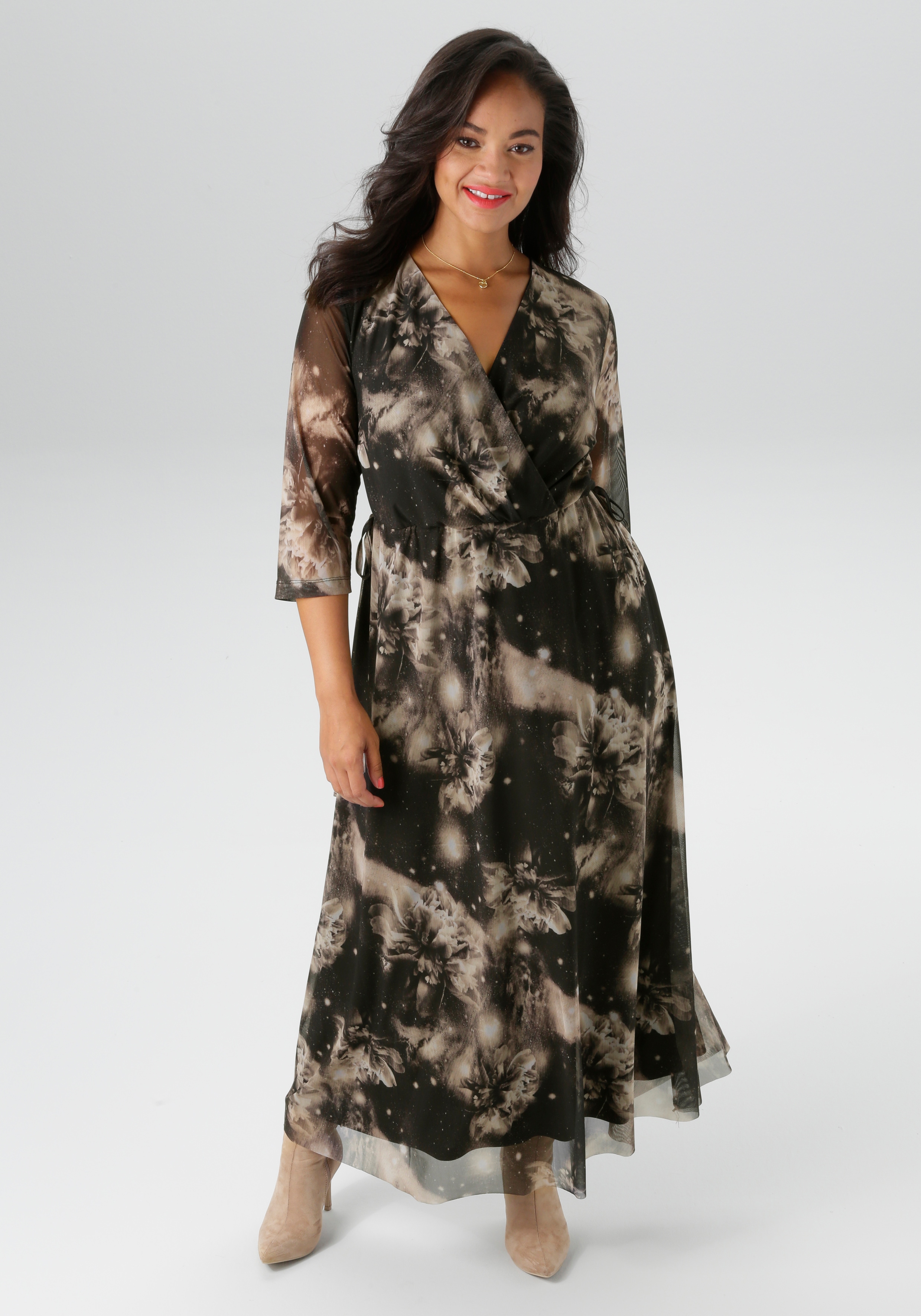 Midikleid ANISTON PLUS, Damen, Gr. 48, N-Gr, schwarz (schwarz, beige, sanftes weiß), Mesh, Obermaterial: 95% Polyester, 5% Elasthan. Futter: 100% Polyester, Mesh, gemustert, figurumspielend knöchelfrei, Kleider, In Mesh Qualität - NEUE KOLLEKTION Image