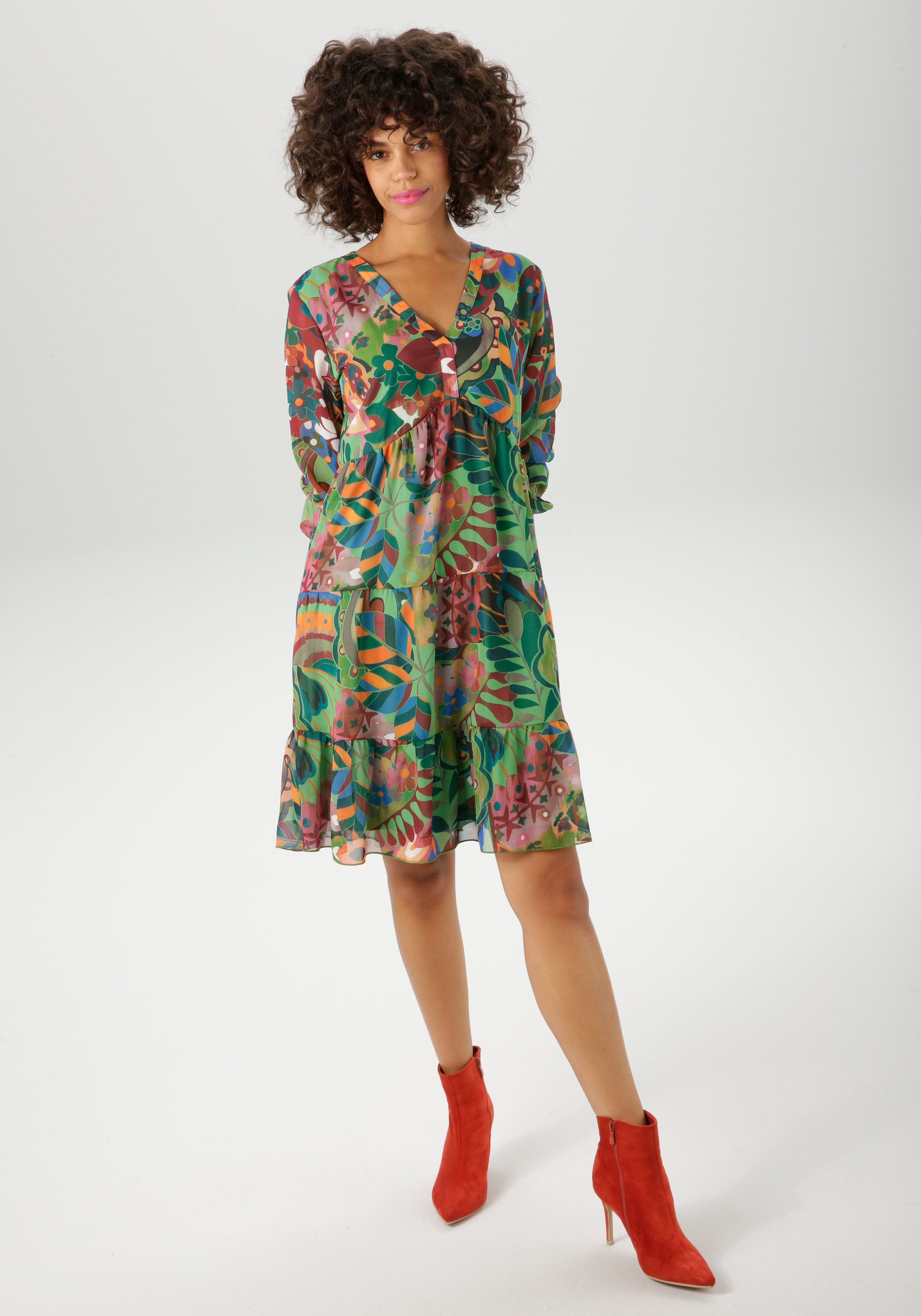 Tunikakleid ANISTON CASUAL, Damen, Gr. 38, N-Gr, rot (grün, orange, malve, bordeaux, blau, apricot, ocker, weiß, pink), Chiffon, Obermaterial: 100% Polyester. Futter: 100% Polyester, bedruckt, geblümt, figurumspielend kniefrei, V-Ausschnitt,...