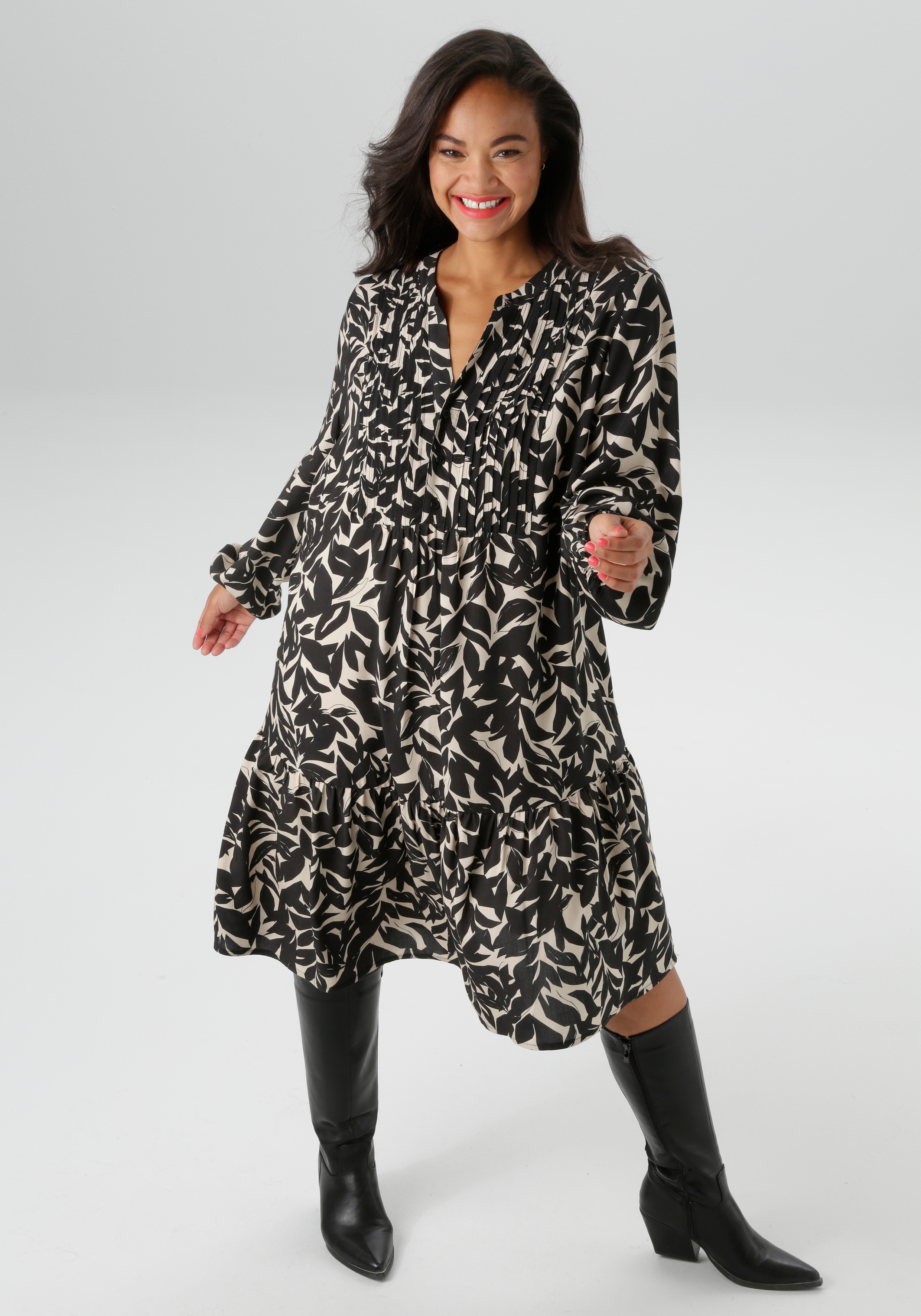 Tunikakleid ANISTON PLUS, Damen, Gr. 54, N-Gr, schwarz (schwarz, beige), Web, Obermaterial: 100% Viskose, gemustert, figurumspielend kniebedeckend, V-Ausschnitt, Kleider, mit graphischem Blätterdruck, Topseller