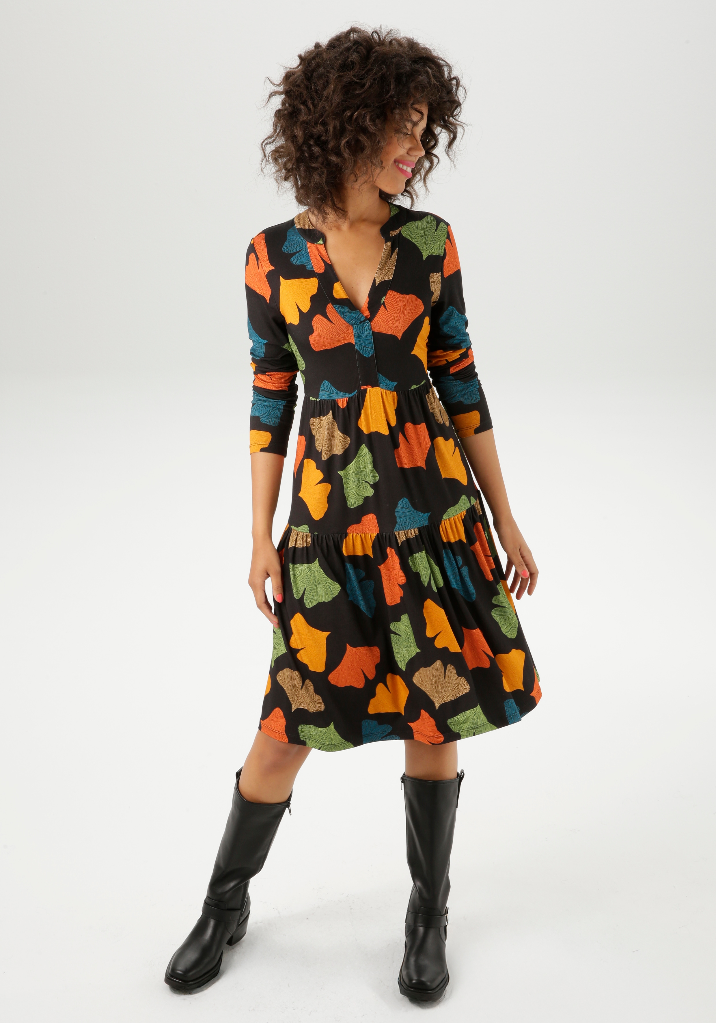 Jerseykleid ANISTON CASUAL, Damen, Gr. 46, N-Gr, schwarz (schwarz zimt, orange, dunkelgrün, hellgrün, ocker, gelb, petrolblau, braun, heige), Single Jersey, Obermaterial: 95% Viskose, 5% Elasthan, bedruckt, gemustert, figurumspielend kniefrei,...