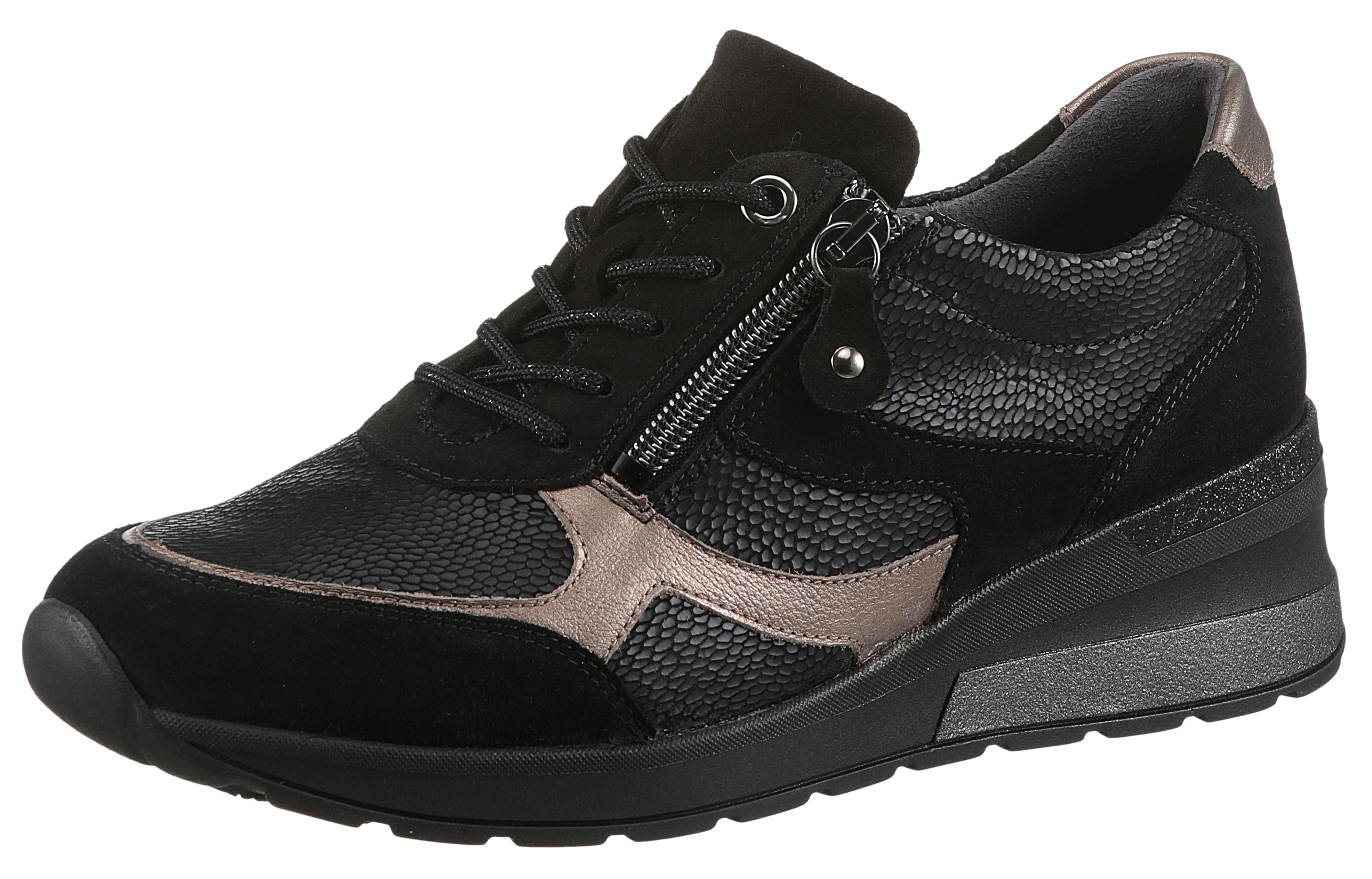 Keilsneaker WALDLÄUFER "H-CLARA", Damen, Gr. 6,5, schwarz (schwarz, bronzefarben), Nappaleder, Nubukleder, Veloursleder, Reptilienprägung, Schuhe, Bequemschuh, Komfortschuh, Halbschuh mit herausnehmbarer Einlage
