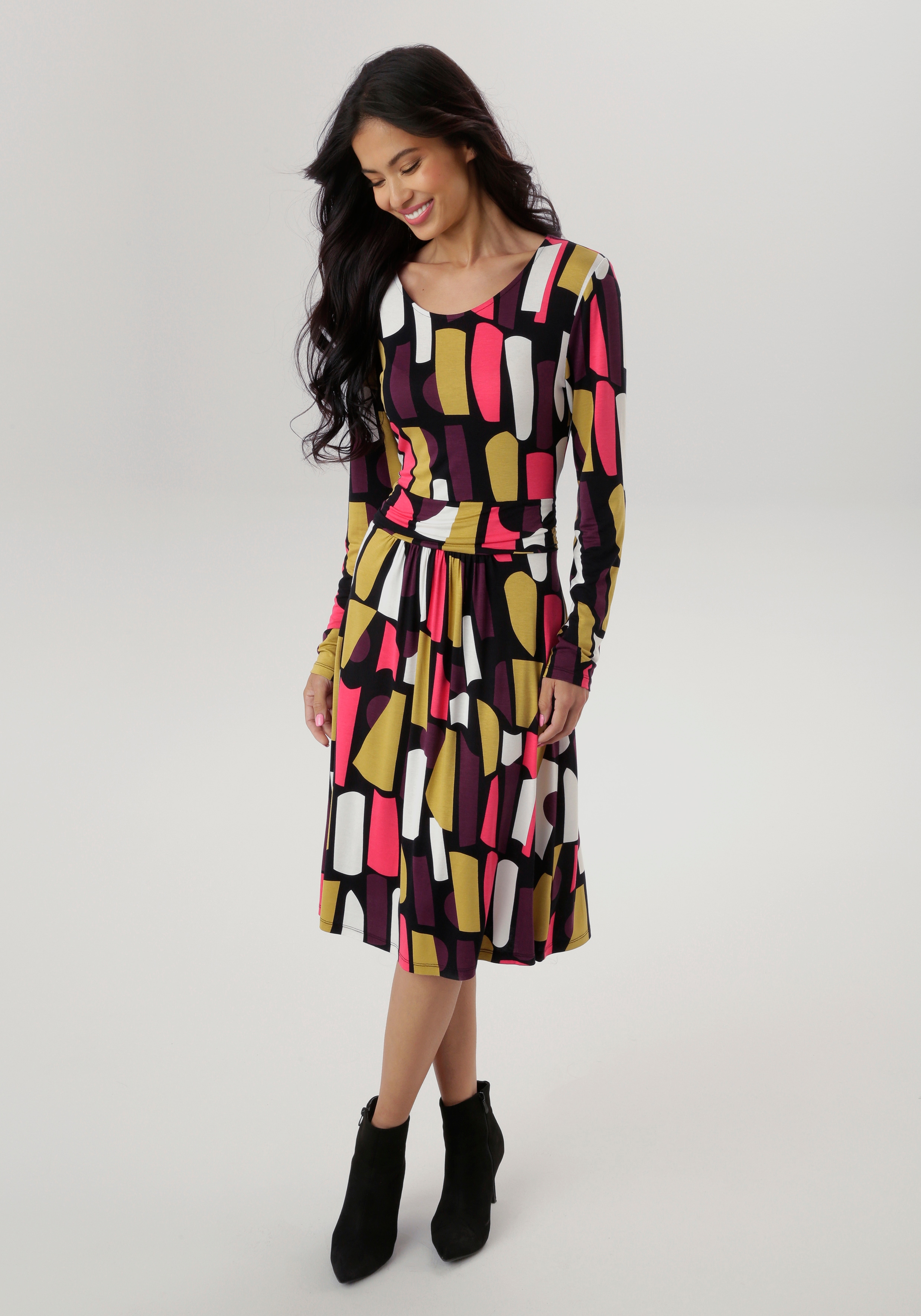 Jerseykleid ANISTON SELECTED, Damen, Gr. 42, N-Gr, rot (weinrot, wollweiß, pink, schwarz, senf), Jersey, Obermaterial: 95% Viskose, 5% Elasthan, bedruckt, gemustert, figurumspielend knieumspielend, Rundhals, Kleider, mit modernen, grafischen... Image