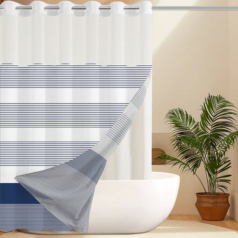 No Hook Geometry Striped Shower Curtain With Snap-in Fabric Liner Sheer Top Window Waterproof Double Layer Bathtub curtain