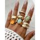 Women's Gold Vintage Gemstone Ring Set - Multi-piece set of statement chunky rings with hammered texture and colorful resin gemstones, Suitable for office,, Vintage fashion, Party and daily style