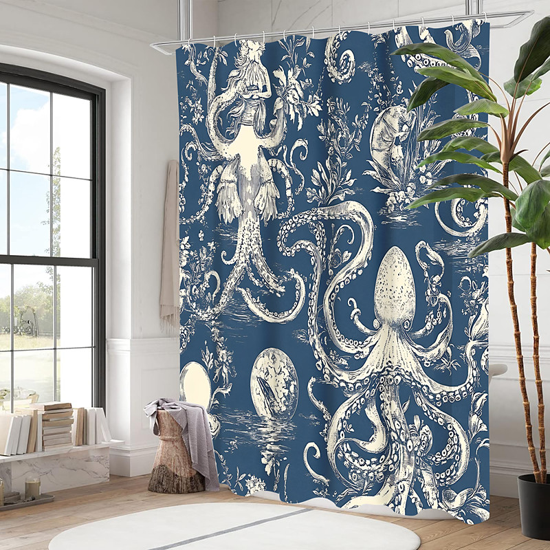 Ocean Animal Turtle Shower Curtain with Hooks for Bathroom Shower Curtain Bathroom Decor Set Polyester Waterproof 12 Pack Plastic Hooks