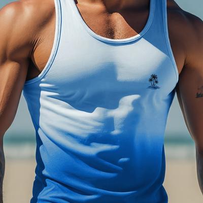 TEMU Men's Gradient Top - Light Blue To Teal, Stretchy & Breathable, Casual Beachwear With Palm , Fit, Beach Tank Top Image