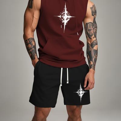 TEMU Men's Summer Casual Athletic Wear Set - Stretchy, Sleeveless Hooded Tank Top & Shorts With Compass Print, Pockets, And Drawstring Waist - Light Gray, Gym Attire||polyester Image