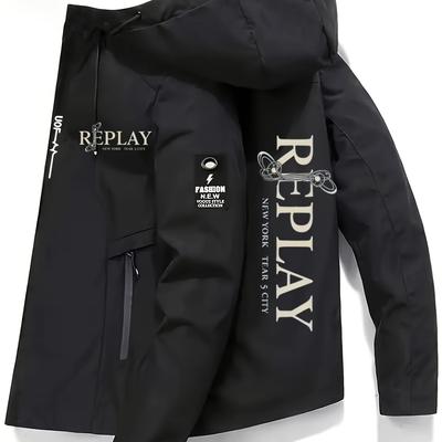 "TEMU Men' Hooded With "" Print - Casual Zip-up Outerwear, Polyester Lining, Regular Fit, Non-stretch Fabric, Ideal For Spring/fall, Spring Outerwear | Lettering Jacket | Zippered Jacket" Image