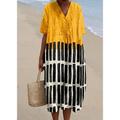 Damen Midi Strandkleid A-Linie Leinen Urlaub Lässiges Strandkleid Lockere Passform Grafisch Geometrisch V-Ausschnitt Kurzarm Sommer
