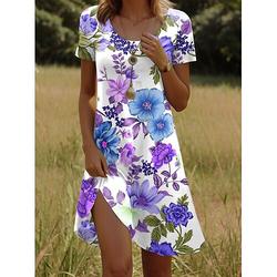 Damen Sommer Freizeit A-Linien Mini T-Shirt Kleid mit floralem Grafik V-Ausschnitt kurzen Ärmeln perfekt für Strandurlaub Alltagskleidung Feiertagsdates normale Passform.