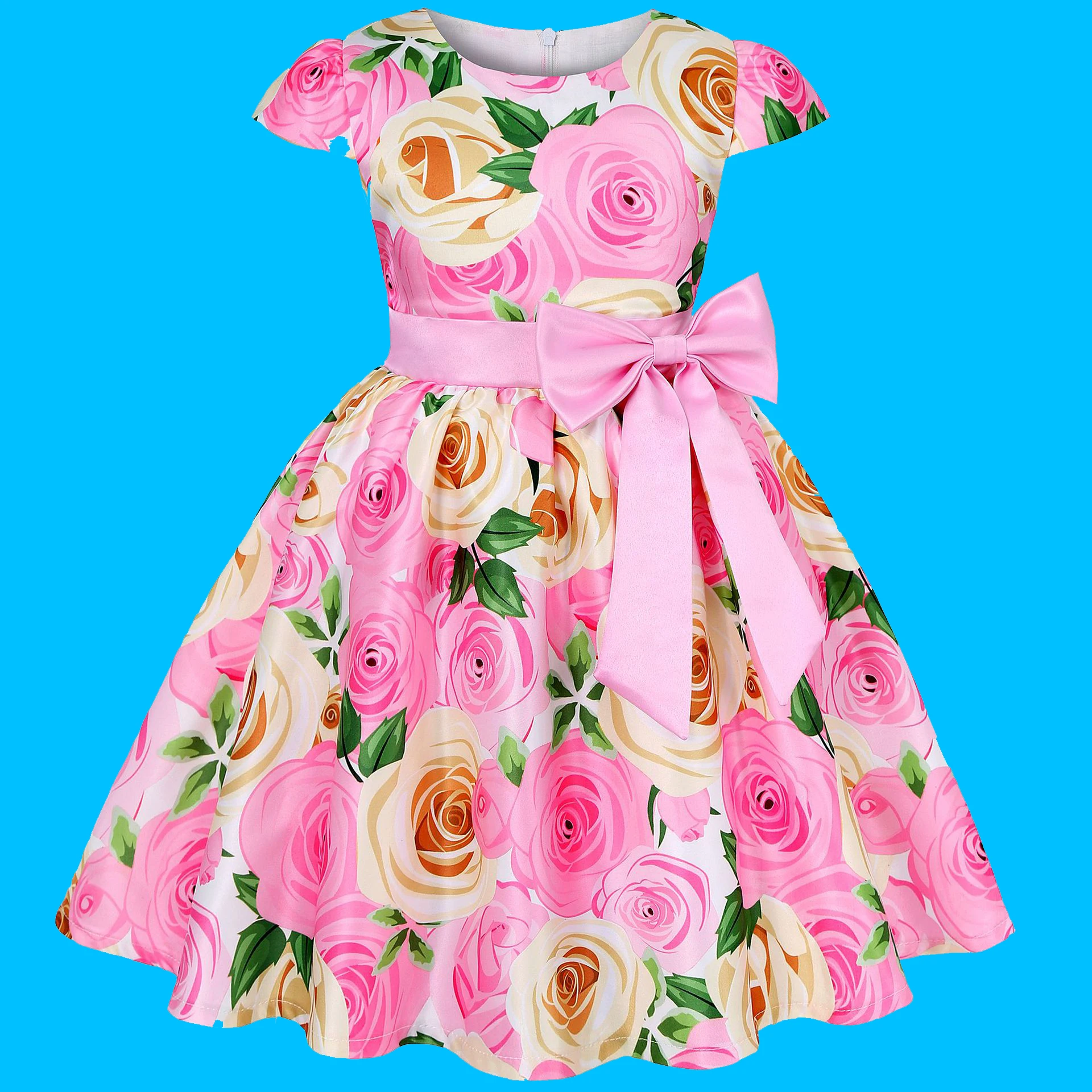 2023 sommer Mädchen Blumen Druck Kleid Prinzessin Hochzeit Geburtstag Party Kleider Satin Kinder Vestidos Kleider Für Mädchen Kleidung Image