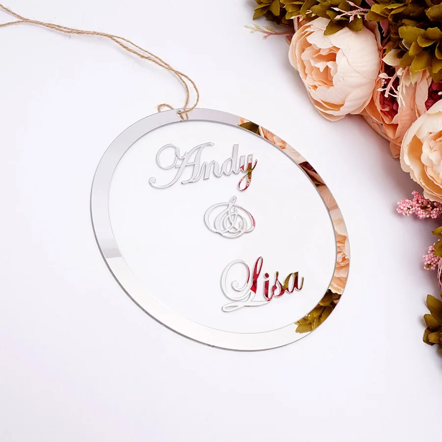 Cartello rotondo personalizzato per matrimonio con nomi di sposa e sposo Cornice a specchio in acrilico per decorazione da parete con cartello di benvenuto per feste