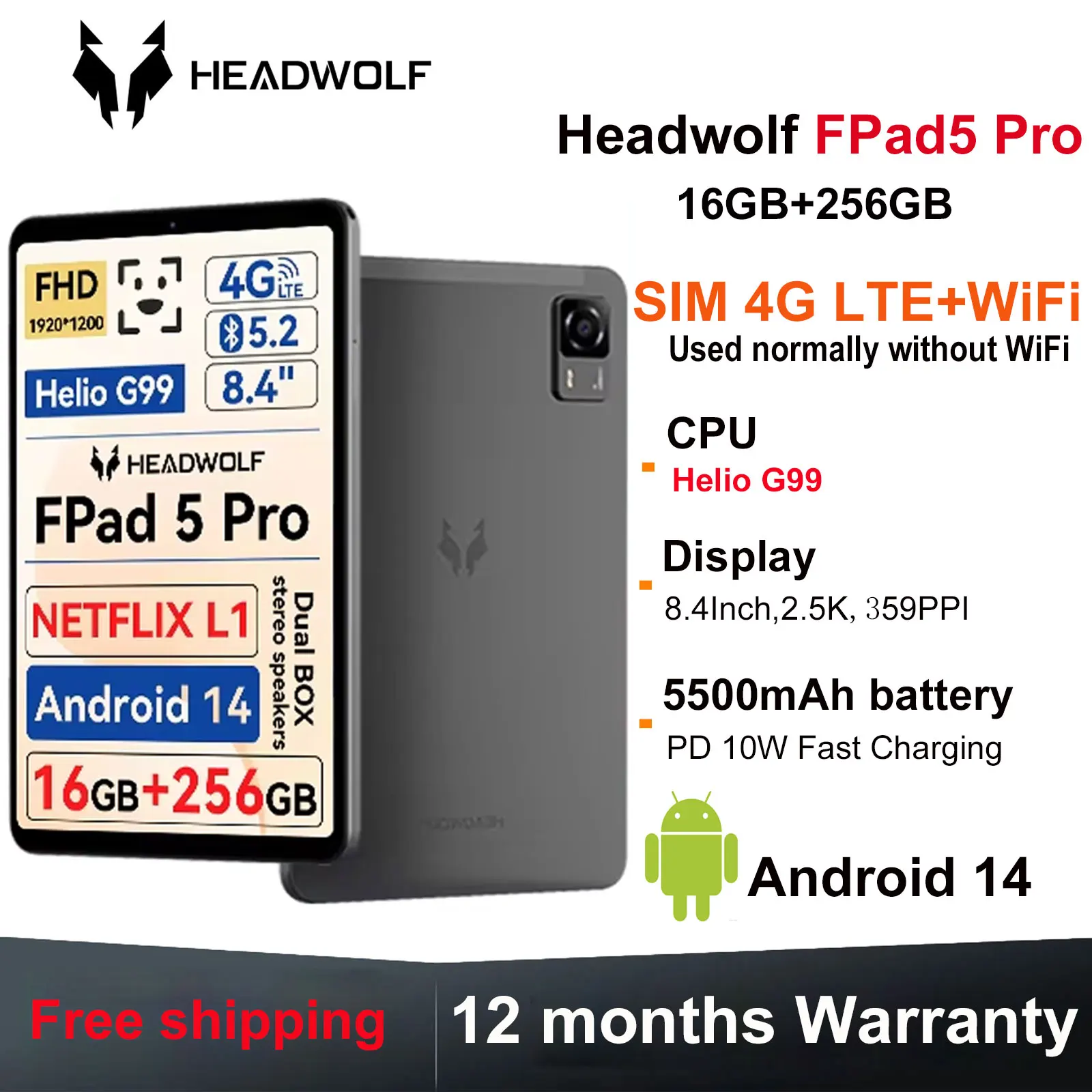 HEADWOLF FPad5 Pro Android 14 Tablet 8,4 Zoll Max 16 Ram 256 GB ROM UFS2.1 Octa-Core G99 Tablet PC 5500 mAh Unterstützung WideVine L1 Image