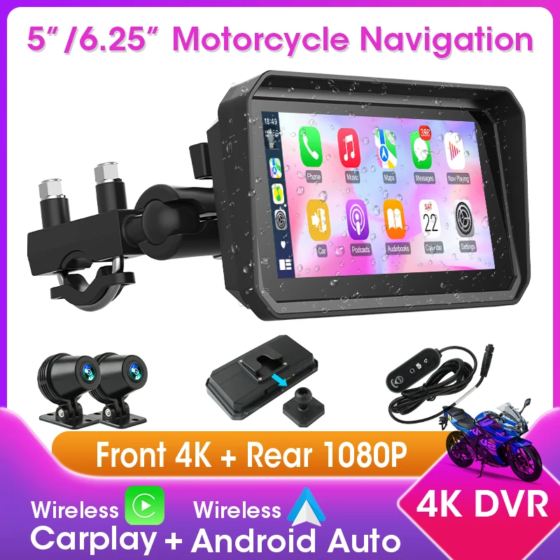 5 "/6,25" Drahtlose Motorrad Carplay GPS Navigation Wasserdichte 4K DVR Drahtlose CarPlay Android Auto Dual Bluetooth moto Bildschirm Image