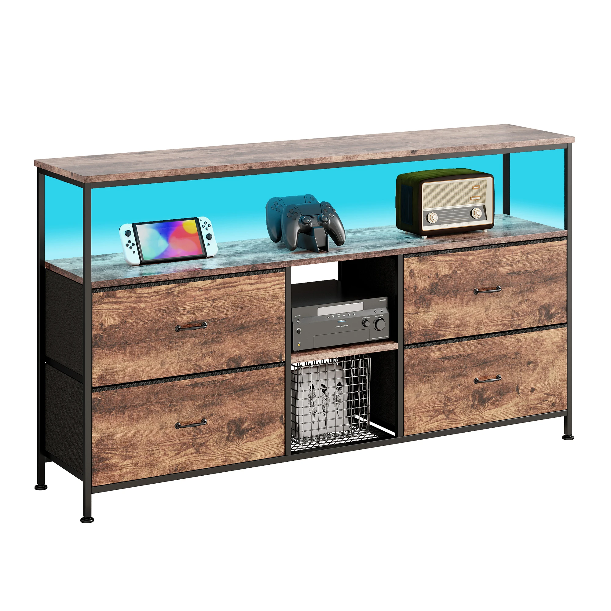 Anajqaqia Meuble TV 137x30x78 ccm, meuble TV avec éclairage LED, avec 4 tiroirs en tissu et 2 étagères, pour salon, chambre à coucher