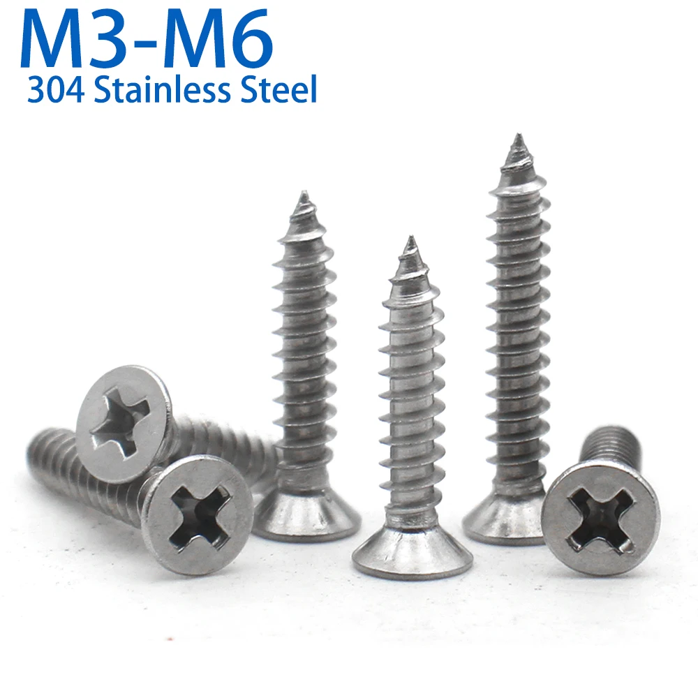 10–25 Stück M3 M3,5 M4 M4,2 M5 M6 304 Edelstahl Phillips Kreuzschlitz Senkkopf Flachkopf selbstschneidende Schraube Image