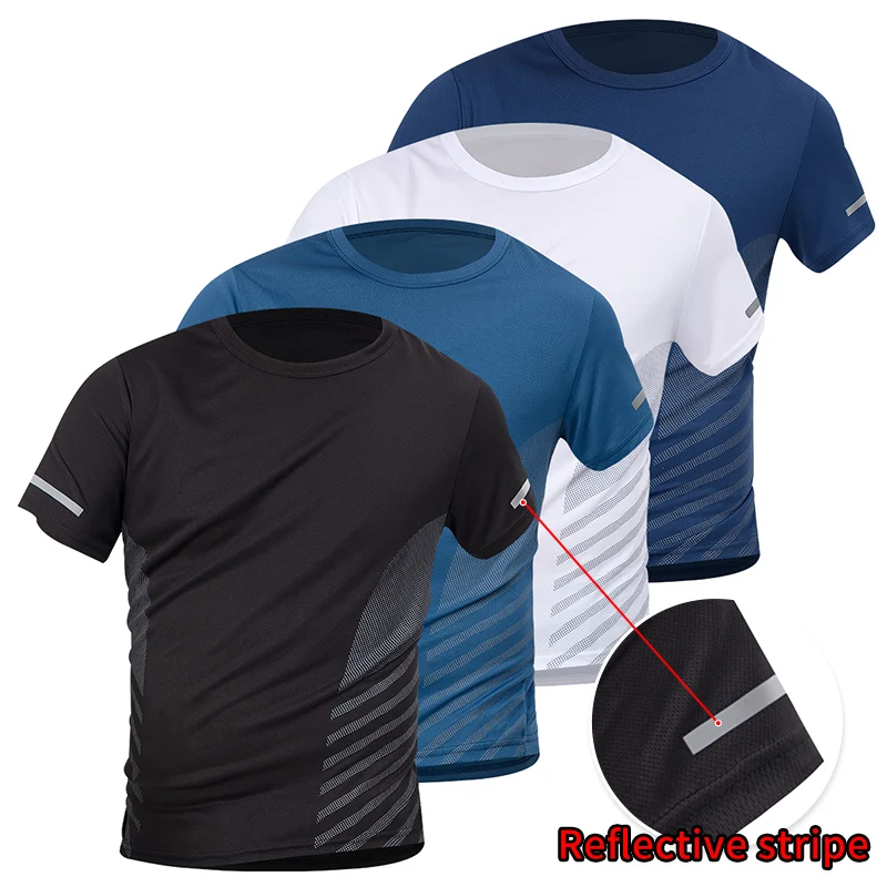 4/1 Pcs Sommer Und Herbst männer Schnell Trocknend Sport Kurzarm T-shirt Lose Beiläufige Fitness Lauf Top Mit Reflektierende streifen Image