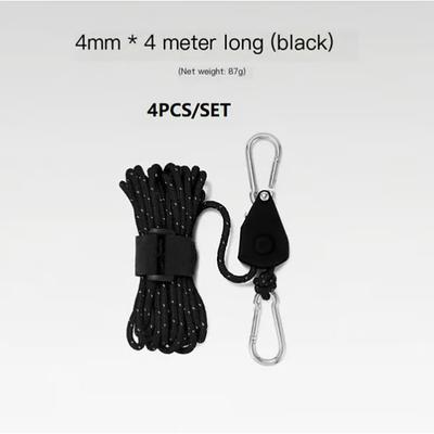 4pcs/set Portable Adjustable Fix Tent High Strength Fast Release Pulley Camping Rope,Windproof Tent Guy Lines with Ratchet Tensioner for Tarp, Canopy, Hammock, Outdoor Shelter