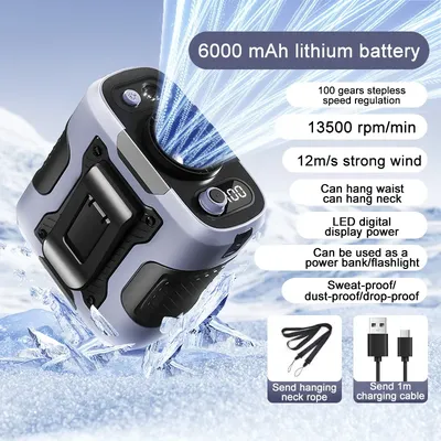 6000mAh High Speeds Outdoor Portable Waist Fan Hanging Neck Fans Multifunctional Strong Wind For Sports Courier Outdoor Working