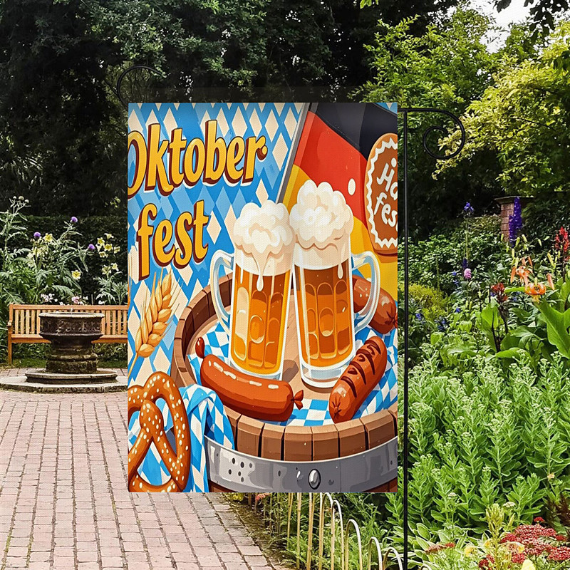 Oktoberfest Garden Flag German Bavarian 12 x 18 Inch Yard Flags, Small Garden Flags for Outside, Outdoor Flags,Beer Design White Blue Plaid Holiday Garden Flags