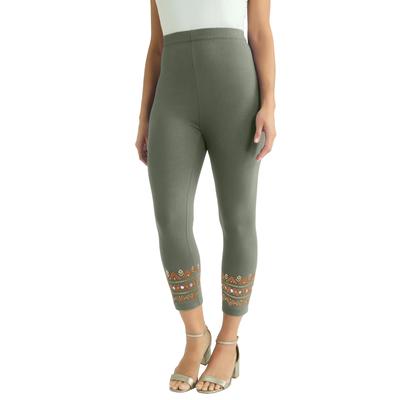 Plus Size Women's Everyday Stretch Cotton Capri Legging by Jessica London in Olive Green Geo Studs (Size 26/28)