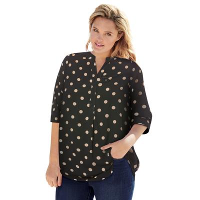 Plus Size Women's Rayon 7-Day Three-Quarter Sleeve Tab-Front Tunic by Woman Within in Black Dot (Size 1X)