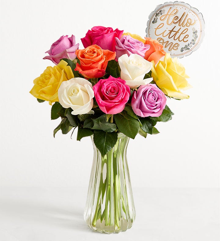 1-800-Flowers Flower Delivery New Baby Celebration Assorted Roses 12 Stems W/ Clear Vase