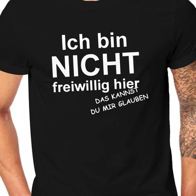 TEMU Mens Fun German Quote Short Sleeve T-shirt - Ich Bin Nicht Freiwillig - Royal Blue Casual Summer Top With Geometric Print, Round Neck, Machine Washable, Text Design Regular Fit Shirt Image