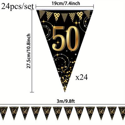 TEMU 24pcs 50th Birthday Banner Bunting Flags - Golden & Black Glitter Decorations For Anniversary Parties, Indoor/outdoor Use - No Electricity Needed, Birthday Party Decorations Image