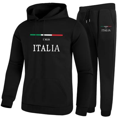 TEMU 2pcs Men's Casual Italian Print Long Sleeve Hoodie And Sweatpants Set, Polyester Knit Fabric With Stretch, Regular Fit Hooded Jumpsuit For Fall/winter Image