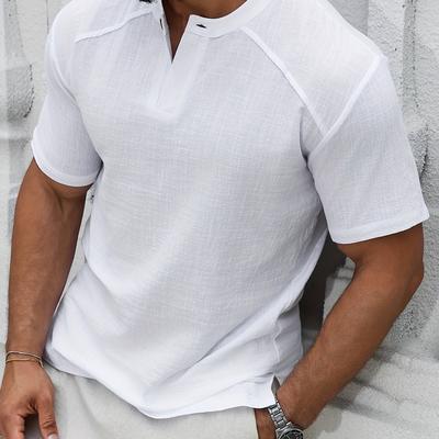 TEMU Men's Linen Henley Shirt - Casual Short Sleeve, Button-up, Lightweight & Breathable For Beach, Vacation, And Casual Attire, Vacation Clothing | | Linen Fabric Image