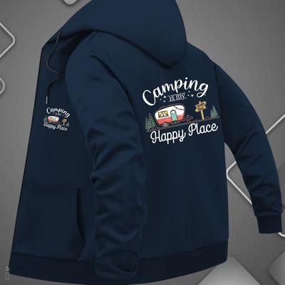 "TEMU Men' Black Hoodie With "camping Is " Graphic - Casual Zip-up Jacket With Pockets, Polyester Lining, Casual Wear Hoodie | Print Jacket | Zippered Jacket" Image
