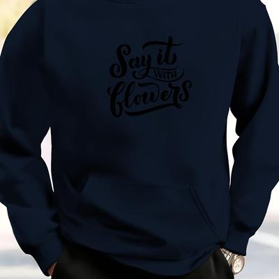 "TEMU Men's Casual Crew Neck Sweatshirt With "say Flowers" Handwritten Quote Design, 100% Polyester Knit Fabric With Stretch, Loose Fit With Pocket Detail - Christmas Pattern Sweater" Image
