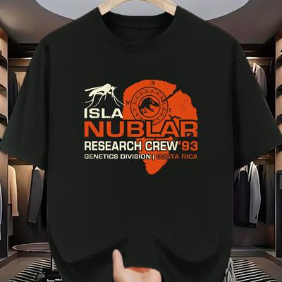 TEMU Nublar Research Crew '93 Graphic T-shirt - Movie Print, Casual Summer Tee For Adults, Lightweight With Stretch, Round Neck, Casual Summer Wear | Retro Print Tee | Image