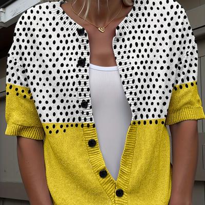 TEMU [] Women's Bohemian Knit Cardigan With Polka Dot Print - Lightweight Short Sleeve Cropped Sweater For Spring/summer, Casual Retro Style With Button Front & Half-high Sli Image