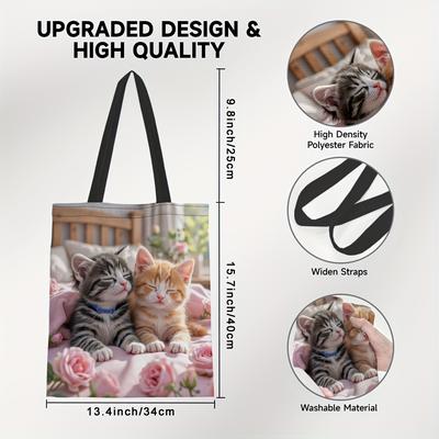 TEMU 1pc Adorable Cats Sleeping On Bed Handbag - Reusable Large Capacity Grocery Tote Bag With Cute Tabby Kitten & Pink Roses Design, Polyester Gift For Cat Lovers, Birthdays, Parties & Everyday Use Image