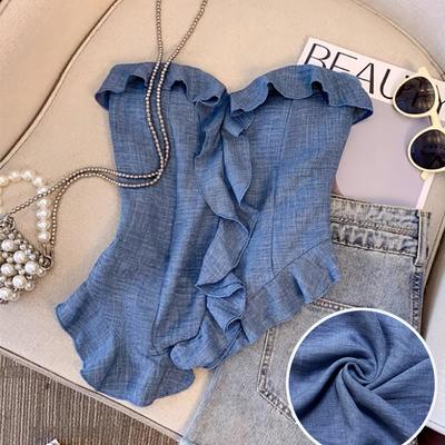 TEMU Women's Elegant Strapless Smock Top With Asymmetrical Hem - Lightweight 100% Polyester Summer Blouse, Machine Washable Solid Color Casual To Formal Wear Image
