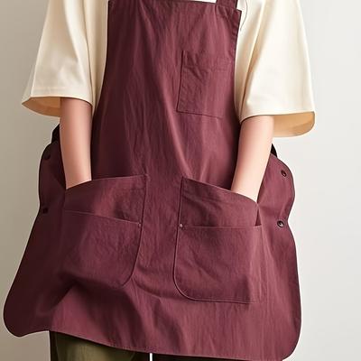 TEMU Reversible Maroon Polyester Apron With Adjustable Straps & Multiple Pockets - Stylish And Functional For Cooking, Office, Cafes, And Bbqs, Cafe Apparel, Smooth Texture Fabric Image