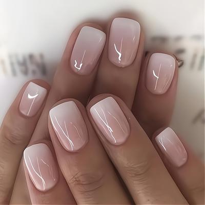 TEMU 24pcs Nude Gradient Press-on Nails - Soft Pink To White Glossy Short Square Fake Nails For Women & Teens, Everyday & Special Occasions, Accessories, Elegant Nail Design, Highquality Pressons Image