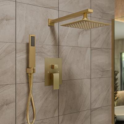 Randolph Morris Tranquill Rainfall Shower Set with Shower Valve, Shower Head, Shower Arm, Handshower Holder, Handshower,and Hose in Brushed Brass RMAS-2SSQ-SQH-HSQQ-BB