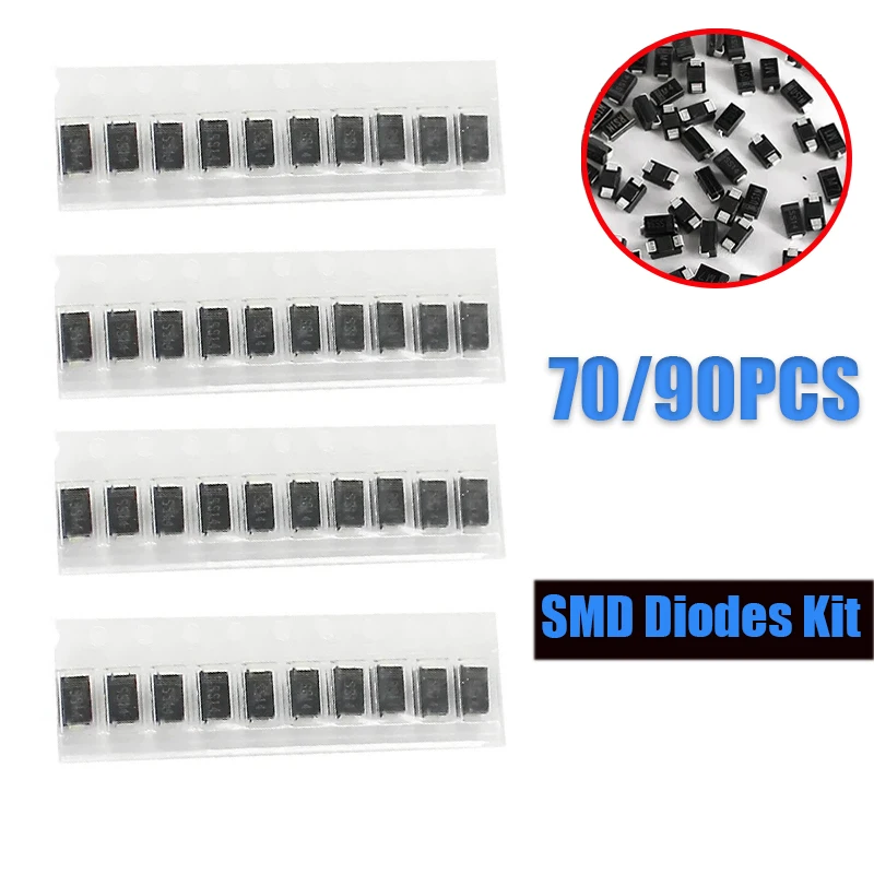 70/90 Stück SMD-Schottky-Dioden-Sortiment-Set 1N4007/1N4001/1N4004/SS14/SS16/SS24/SS26/SS34/SS36 Gleichrichterdioden-Schaltdiodenpaket Image