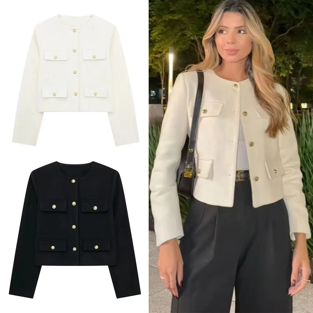 HH Frauen Vintage Feste Mantel Langarm O Neck Jacke Mit Metall Knöpfen Herbst Weibliche Mode Casual Büro Dame Oberbekleidung