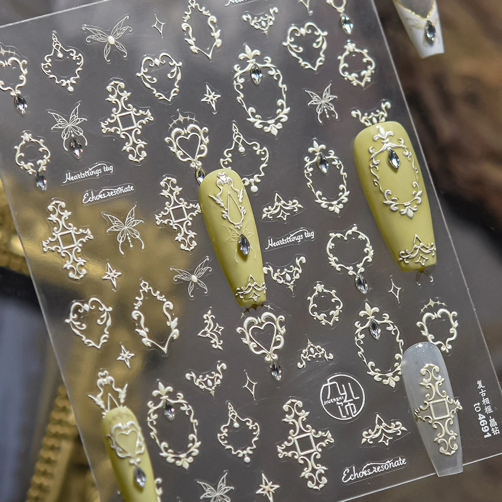 Antike weiße Rahmen-Nagelaufkleber im chinesischen Stil, Eleganz, barocke Blumenmotive, glitzernde 5D-Strasssteine, luxuriöser Maniküre-Aufkleber Image